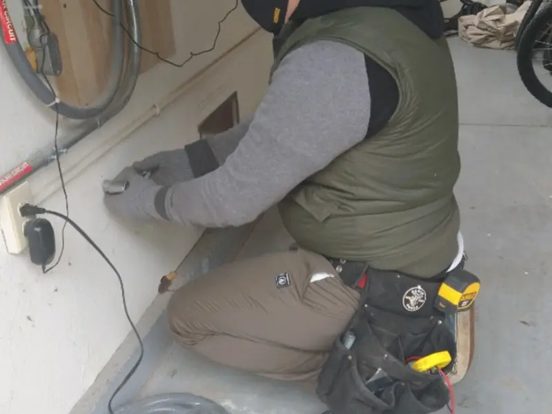 Electrician performing outlet wiring in a Trinidad garage